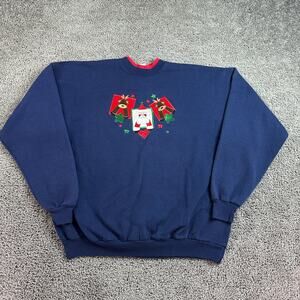 VINTAGE Christmas Sweatshirt Womens 1X Blue Santa Claus Reindeer Pullover 90s